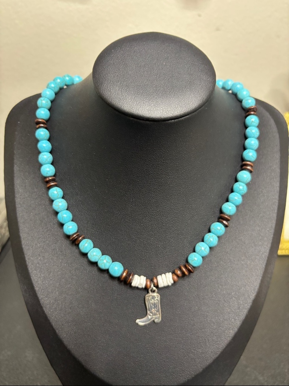 Turquoise Beaded Necklace with Cowboy Boot Charm - Blue Western Boho